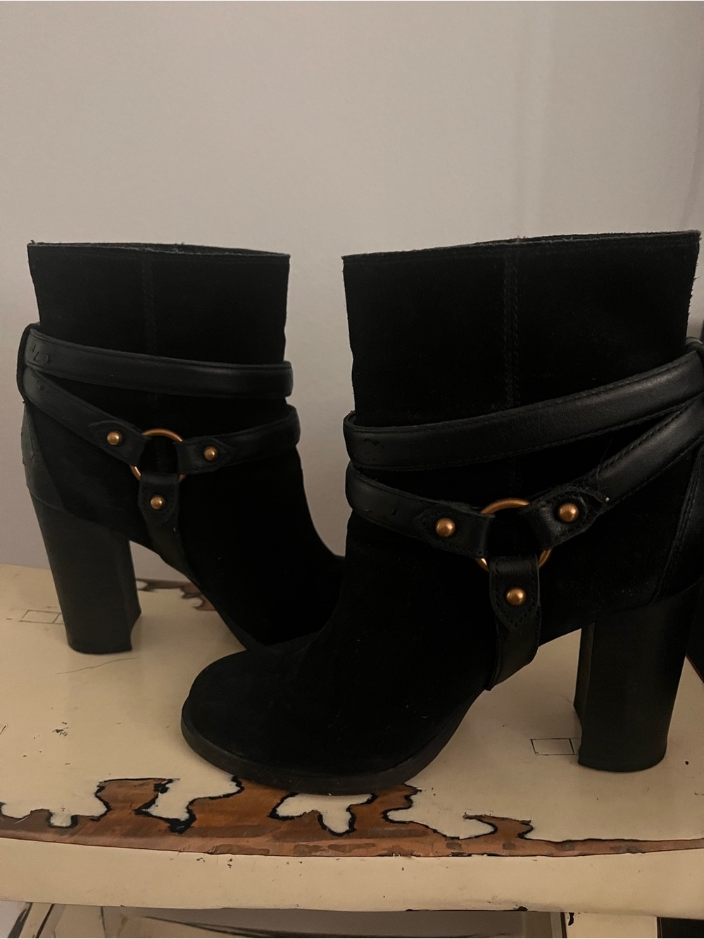 UGG Black Suede Heeled Ankle Boots with Leather Harness Detail